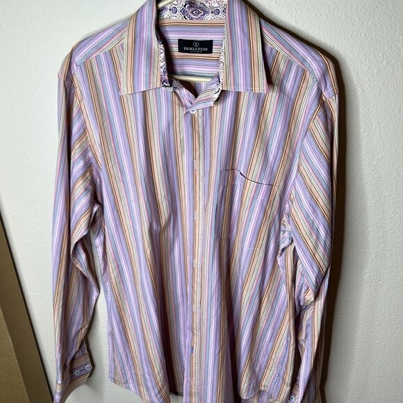 Bugatchi Uomo Striped Pink Multi Color Size XL Shirt - Picture 1 of 11